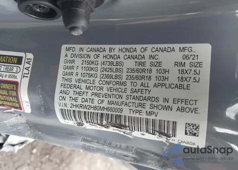 2021 Honda Cr-V Awd Ex-L from USA, damaged, VIN 2HKRW2H80MH660009